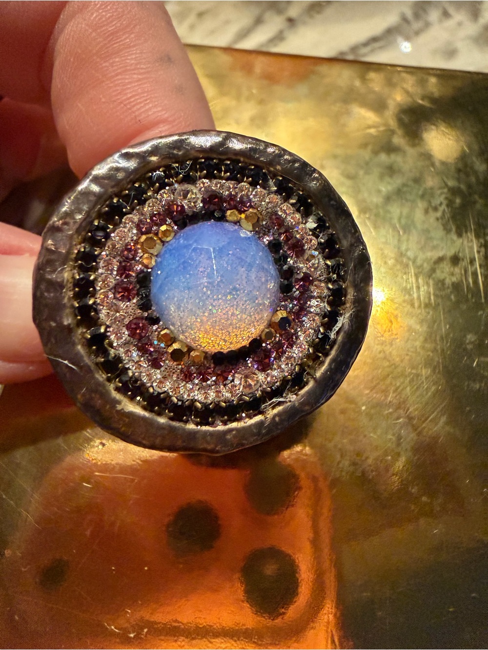 Absolutely stunning Opalescent Blue Statement Ring with Multicolor Crystal Halo